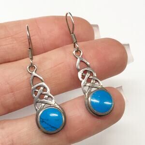 VTG JC Signed Sterling Silver Dangle Drop Earrings Turquoise Celtic Knot Western